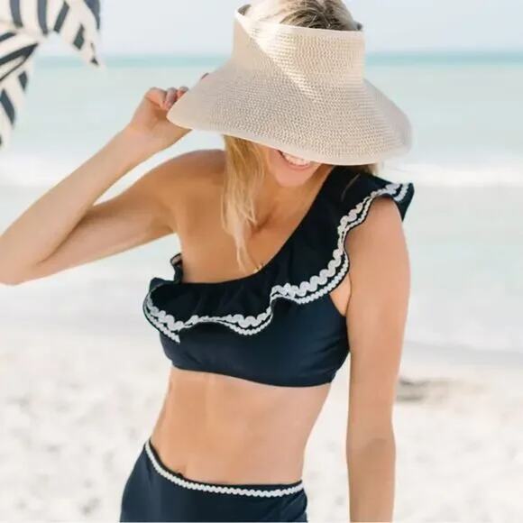 J.Crew One Shoulder Ruffle Navy Blue Bikini Top With Rickrack Trim Size XL - Picture 1 of 9